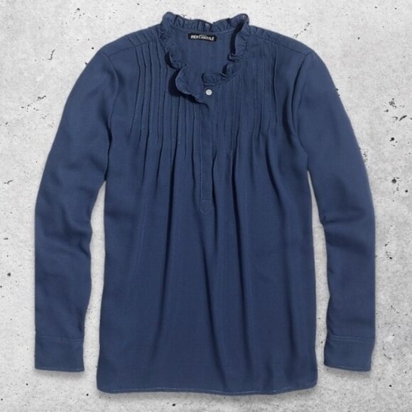J.Crew‎ Mercantile Blouse Long Sleeve Ruffle Neck Button-Up Front Pintuck Blue 4 - Picture 1 of 10